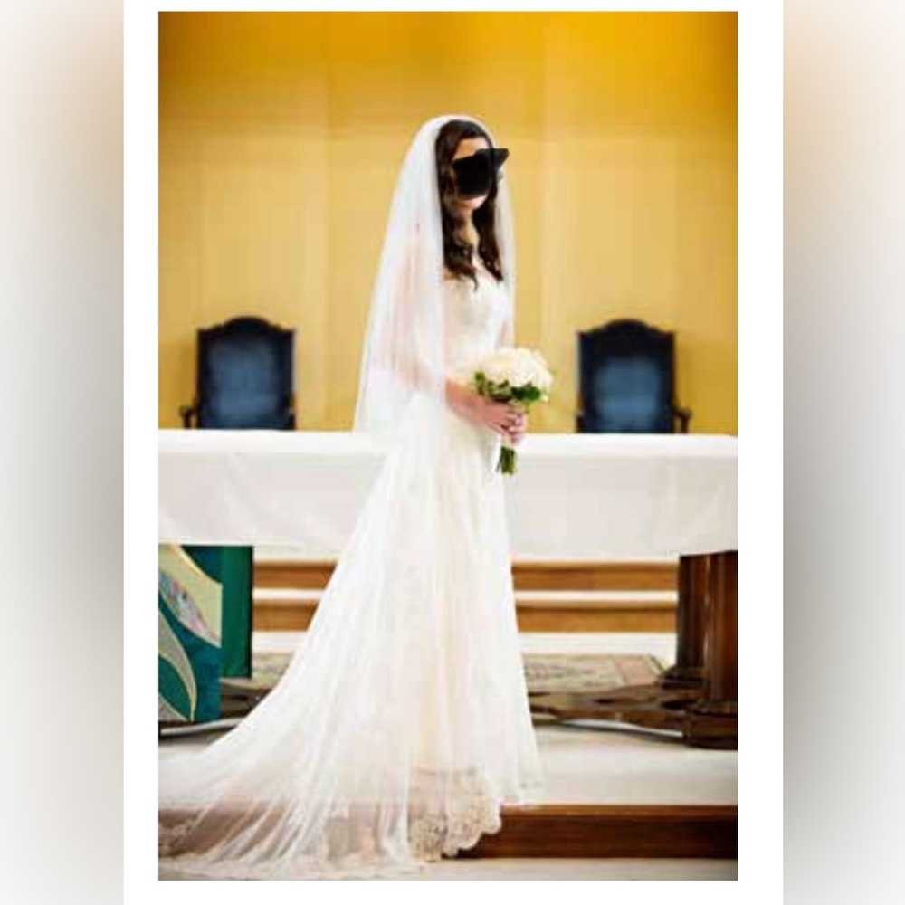 Priscilla of Boston wedding gown.  Ivory cotton, w white sheer bead + lace layer